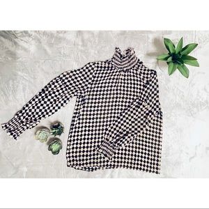 Frilled Shirred High Neck Checkerboard Blouse